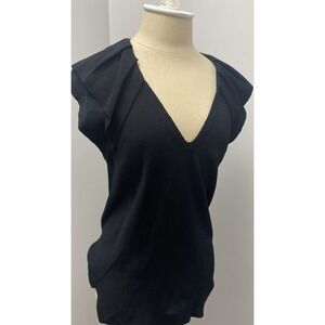 Brochu Walker Ruffle Blouse Deep V-Neck Knit Designer Black Classic Chic Size L